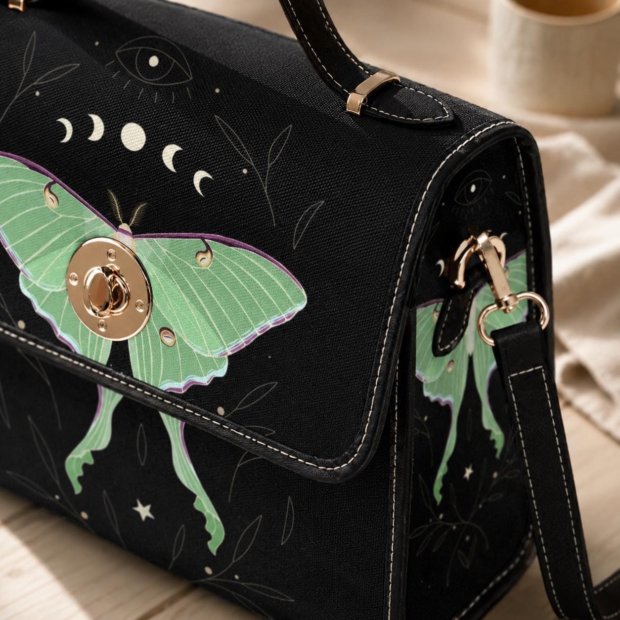 Luna Moth Bag, Mint Green Crossbody, Moon Phase Purse, Celestial Insect Print, Goth Moth Style, Forest Witch Gift, Mystical Bug Accessory
