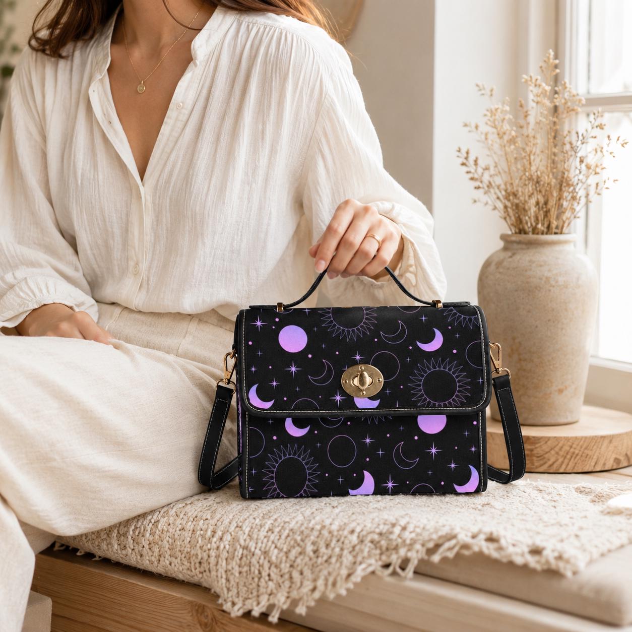 Purple Celestial Moon, Witchcore Star Print Bag, Astro Moon Phases Purse, Cosmic Night Crossbody, Galaxy Sky Shoulder Bag, Space Goth Style