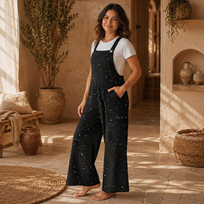 Black Star Print Jumpsuit, Colorful Speckle Wide Leg Overalls, Celestial Outfit with Pockets