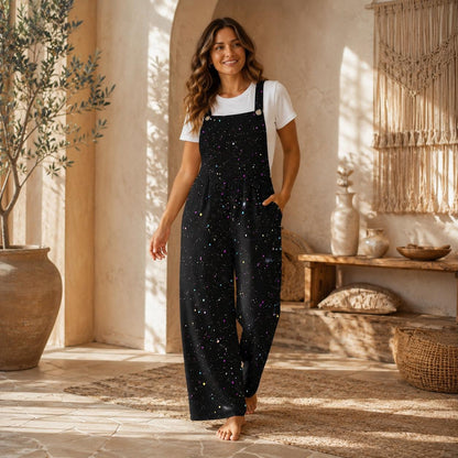 Black Star Print Jumpsuit, Colorful Speckle Wide Leg Overalls, Celestial Outfit with Pockets