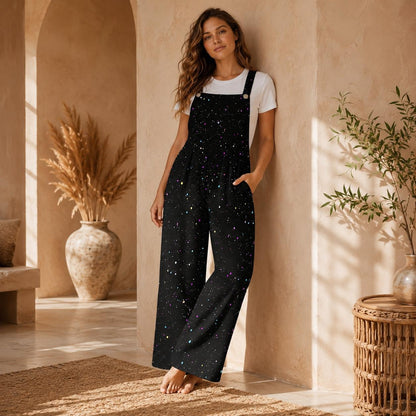 Black Star Print Jumpsuit, Colorful Speckle Wide Leg Overalls, Celestial Outfit with Pockets