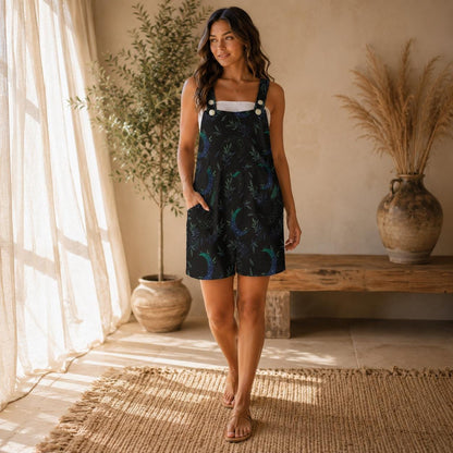 Black Celestial Moon Print Romper Shorts, Botanical Witchy Summer Outfit