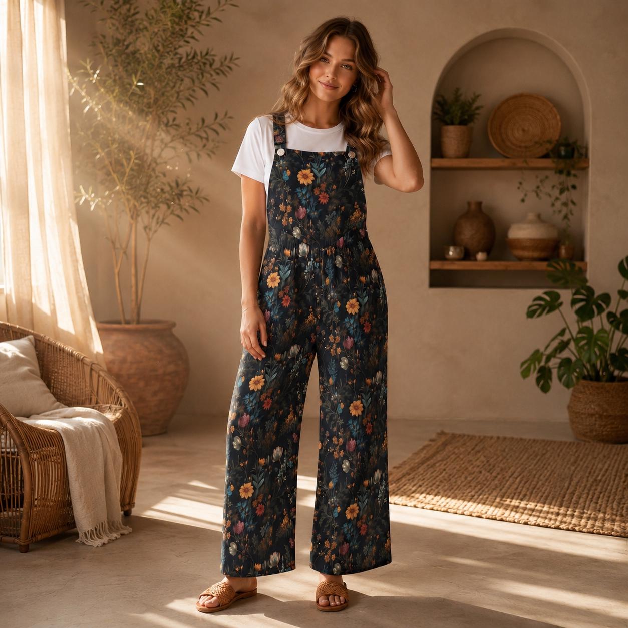 Dark Floral Wide Leg Jumpsuit, Cottagecore Garden Overalls with Pockets