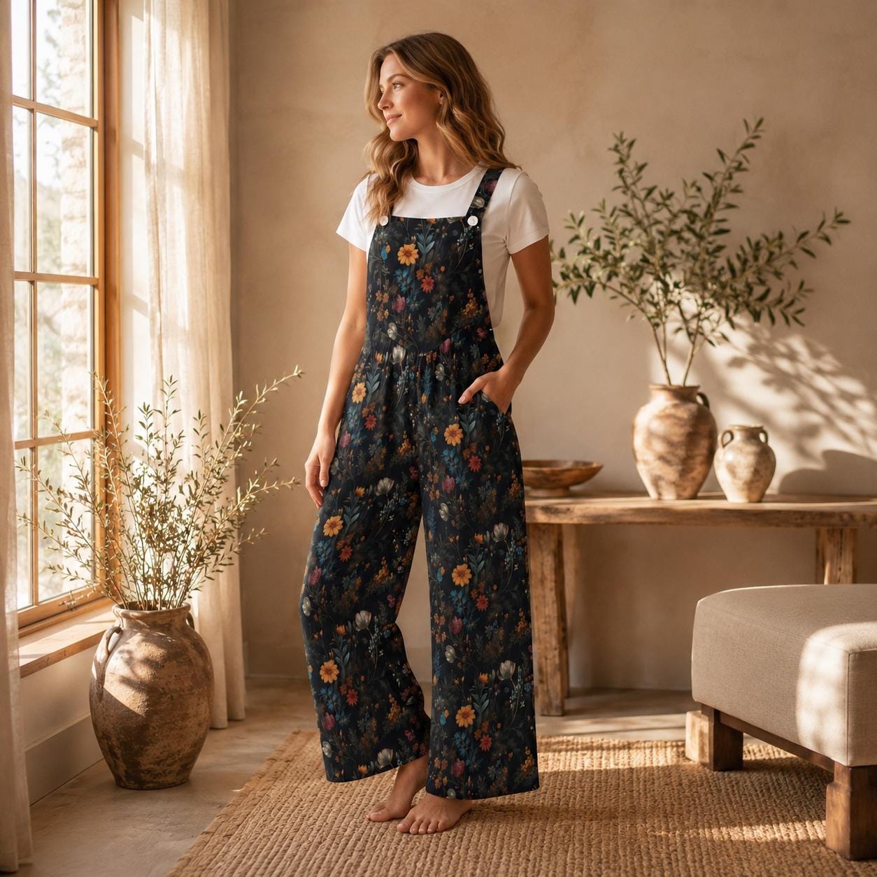 Dark Floral Wide Leg Jumpsuit, Cottagecore Garden Overalls with Pockets