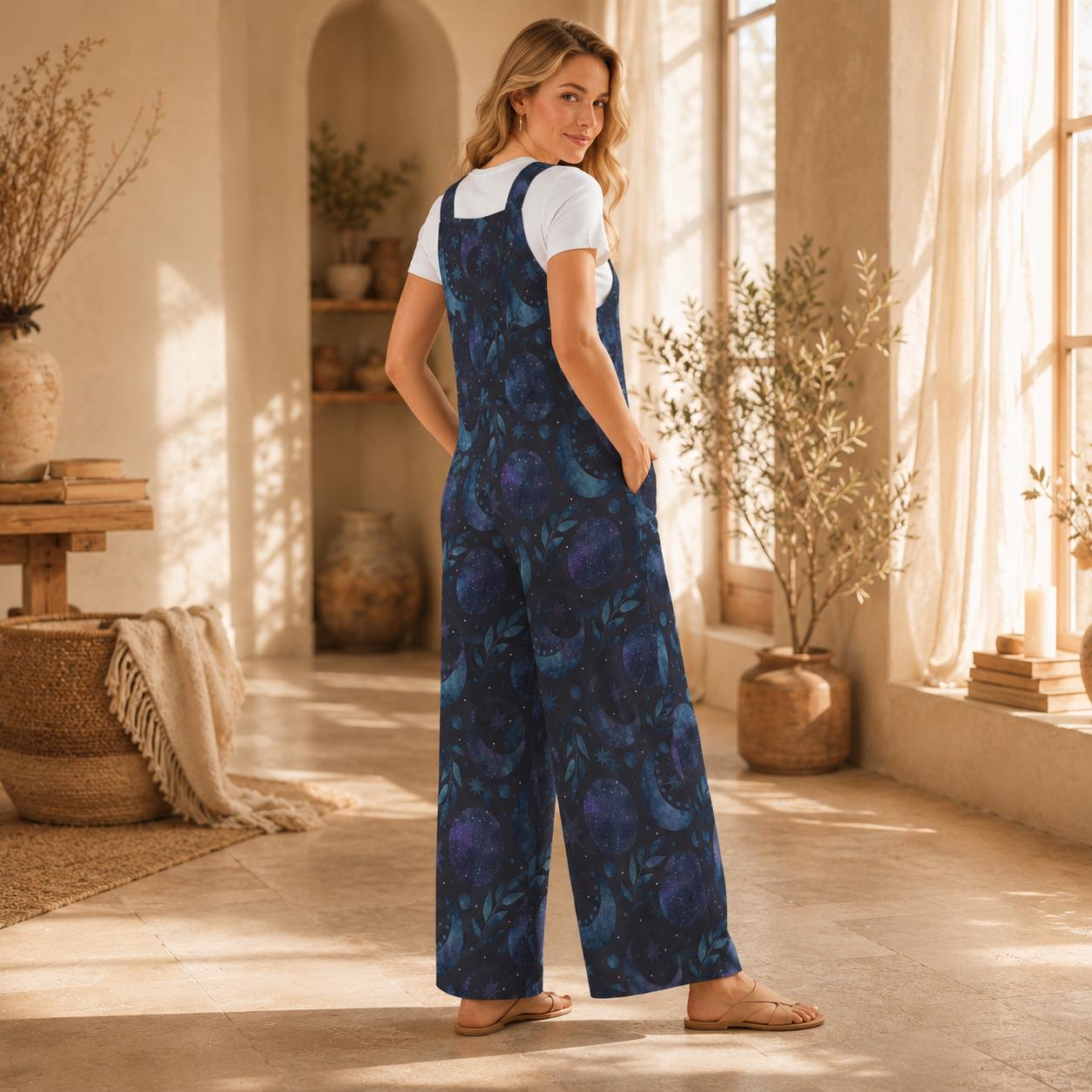 Celestial Moon Wide Leg Jumpsuit, Galaxy Stars Pockets Outfit