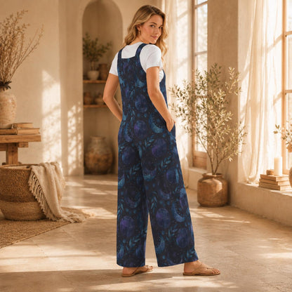 Celestial Moon Wide Leg Jumpsuit, Galaxy Stars Pockets Outfit