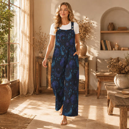 Celestial Moon Wide Leg Jumpsuit, Galaxy Stars Pockets Outfit