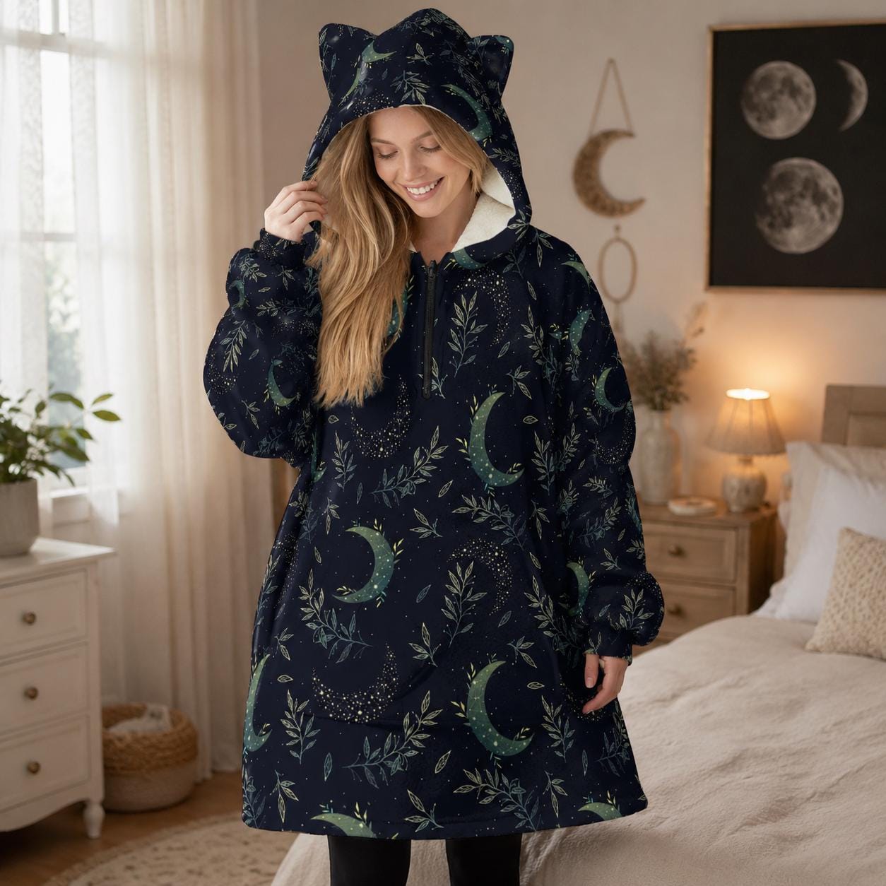 Celestial Moon Hoodie Blanket, Cat Ear Hood, Oversized Witchy Loungewear