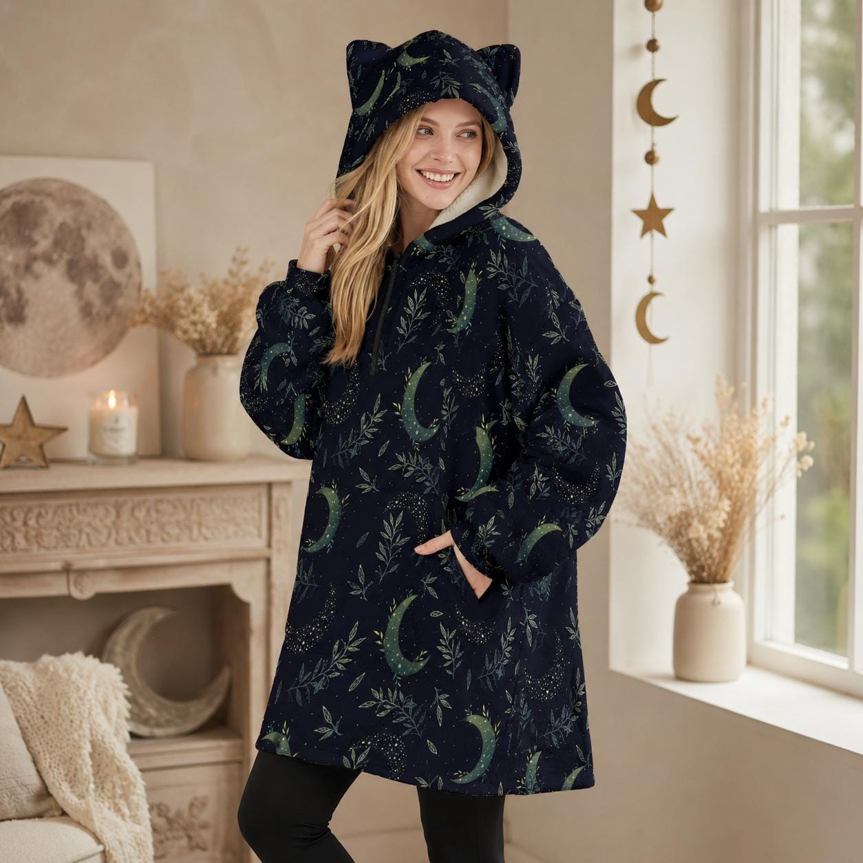 Celestial Moon Hoodie Blanket, Cat Ear Hood, Oversized Witchy Loungewear