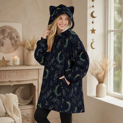 Oversized Celestial Moon Hoodie Blanket with Cat Ears, Witchy Forest Fleece Lounger