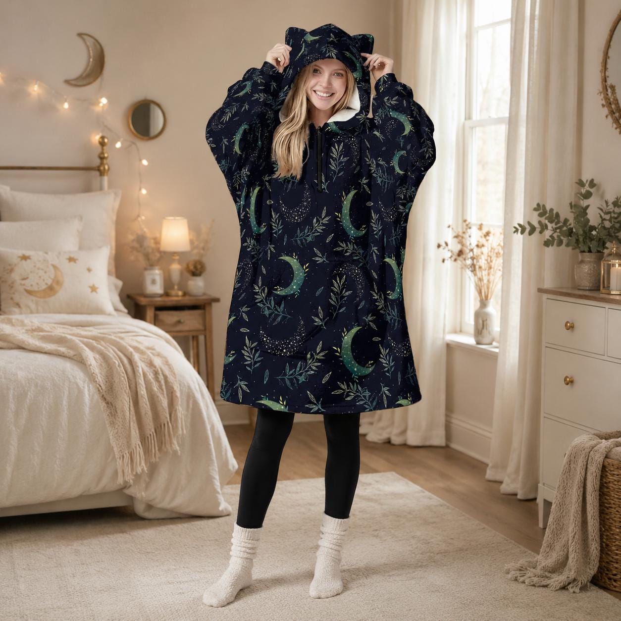 Celestial Moon Hoodie Blanket, Cat Ear Hood, Oversized Witchy Loungewear