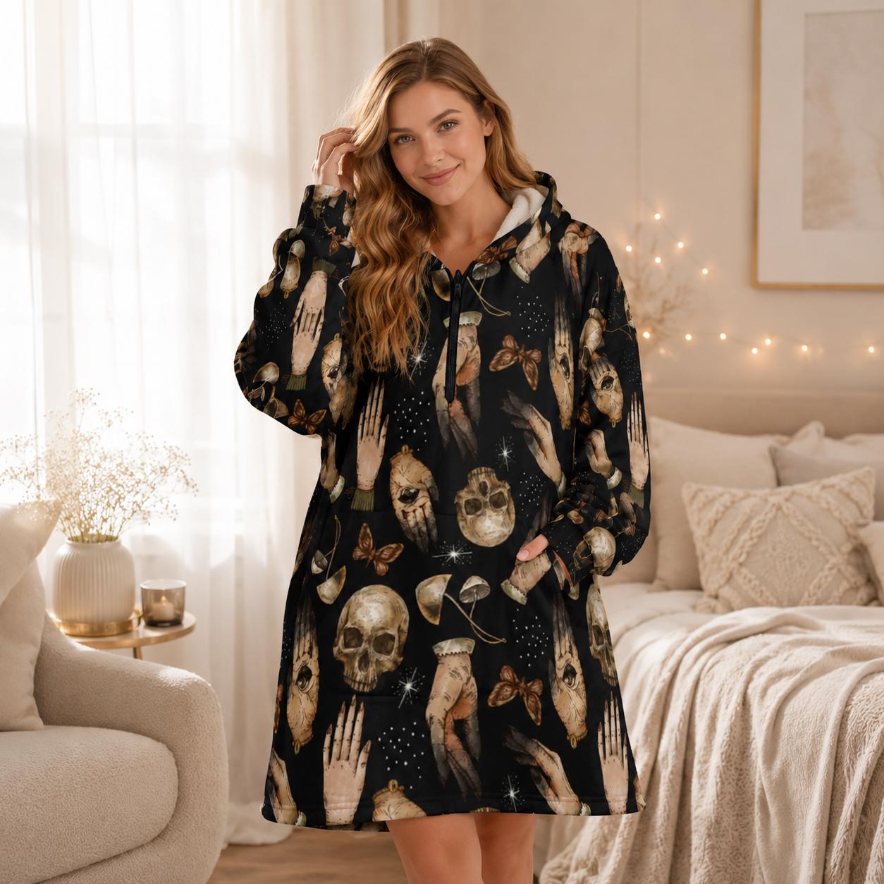 Skull Hand Hooded Blanket, Occult Wearable Throw, Dark Academia Reading Wrap