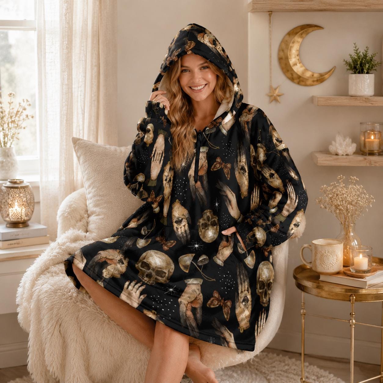 Skull Hand Hooded Blanket, Occult Wearable Throw, Dark Academia Reading Wrap