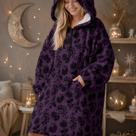 Purple Damask Hooded Blanket, Gothic Sherpa Lounge Hoodie, Cat Ear Cozy Gift