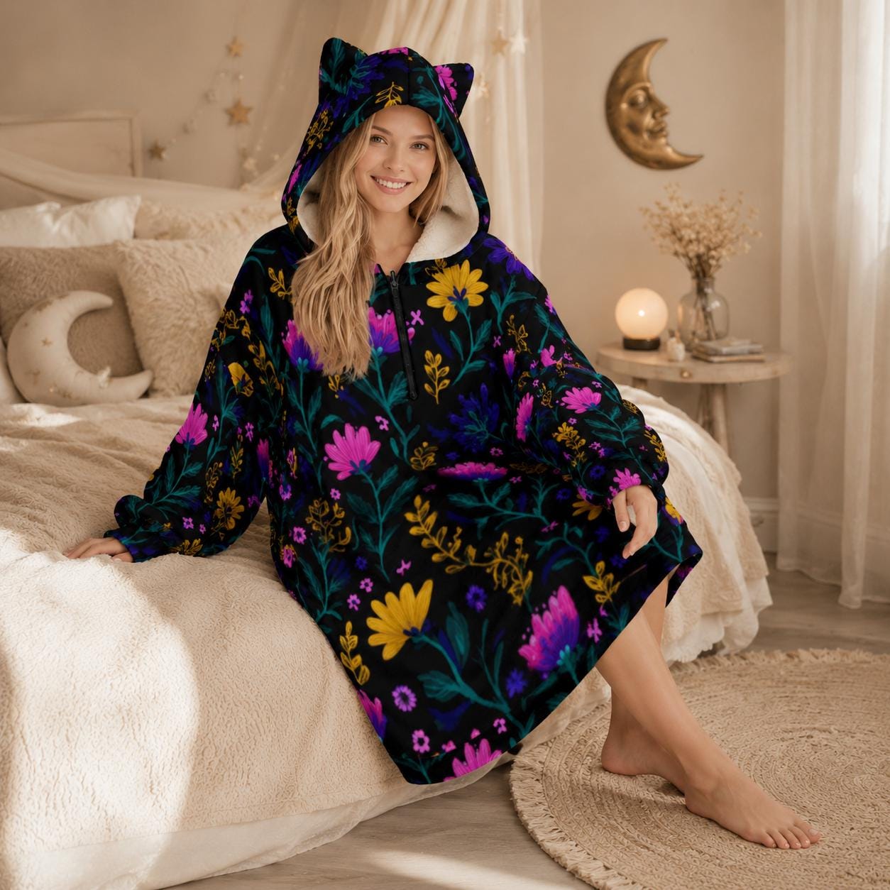 Wearable Blanket Hoodie, Dark Floral Oversized Sherpa Hooded Lounger for Women