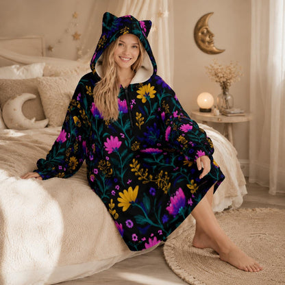Wearable Blanket Hoodie, Dark Floral Oversized Sherpa Hooded Lounger for Women