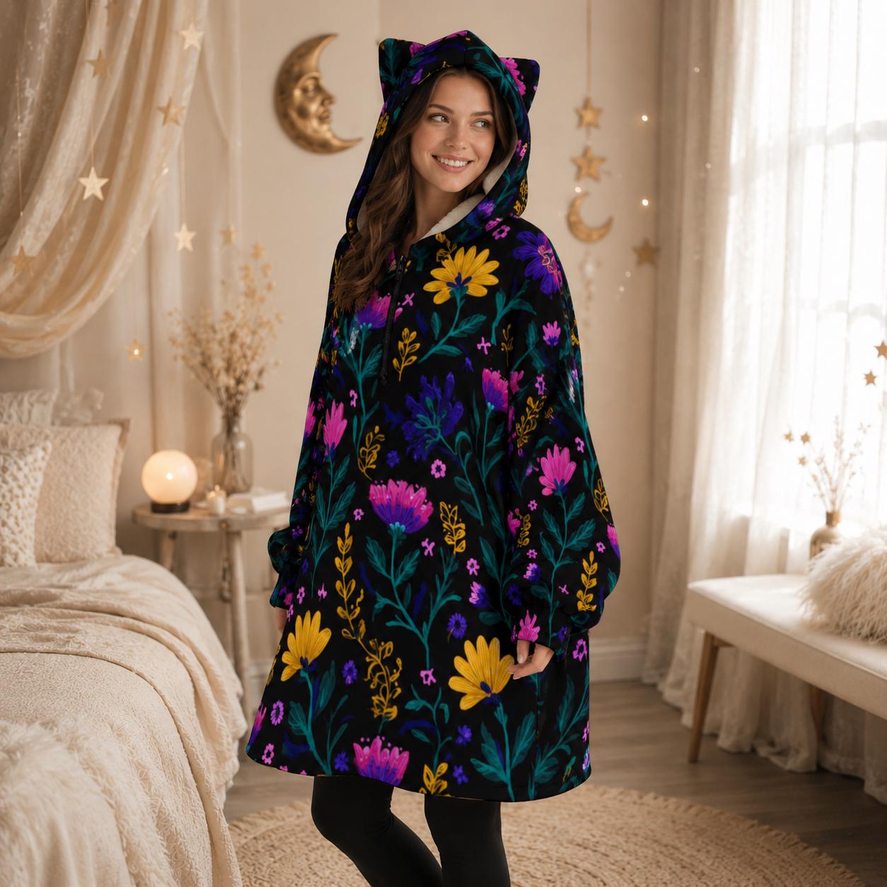 Wearable Blanket Hoodie, Dark Floral Oversized Sherpa Hooded Lounger for Women
