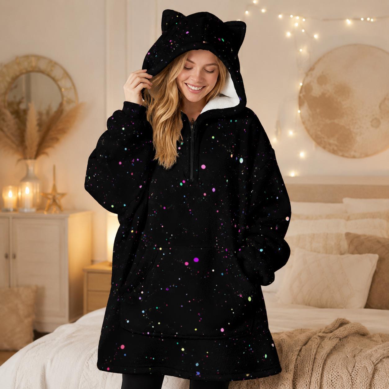 Celestial Star Speckle Fleece Hoodie Blanket, Cat Ear Hood