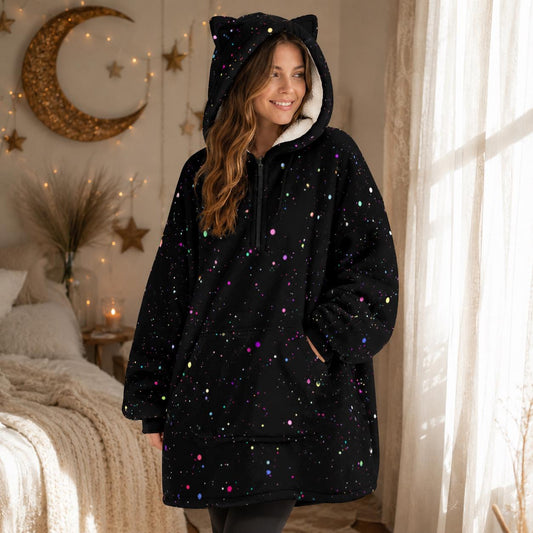 Celestial Star Speckle Fleece Hoodie Blanket, Cat Ear Hood