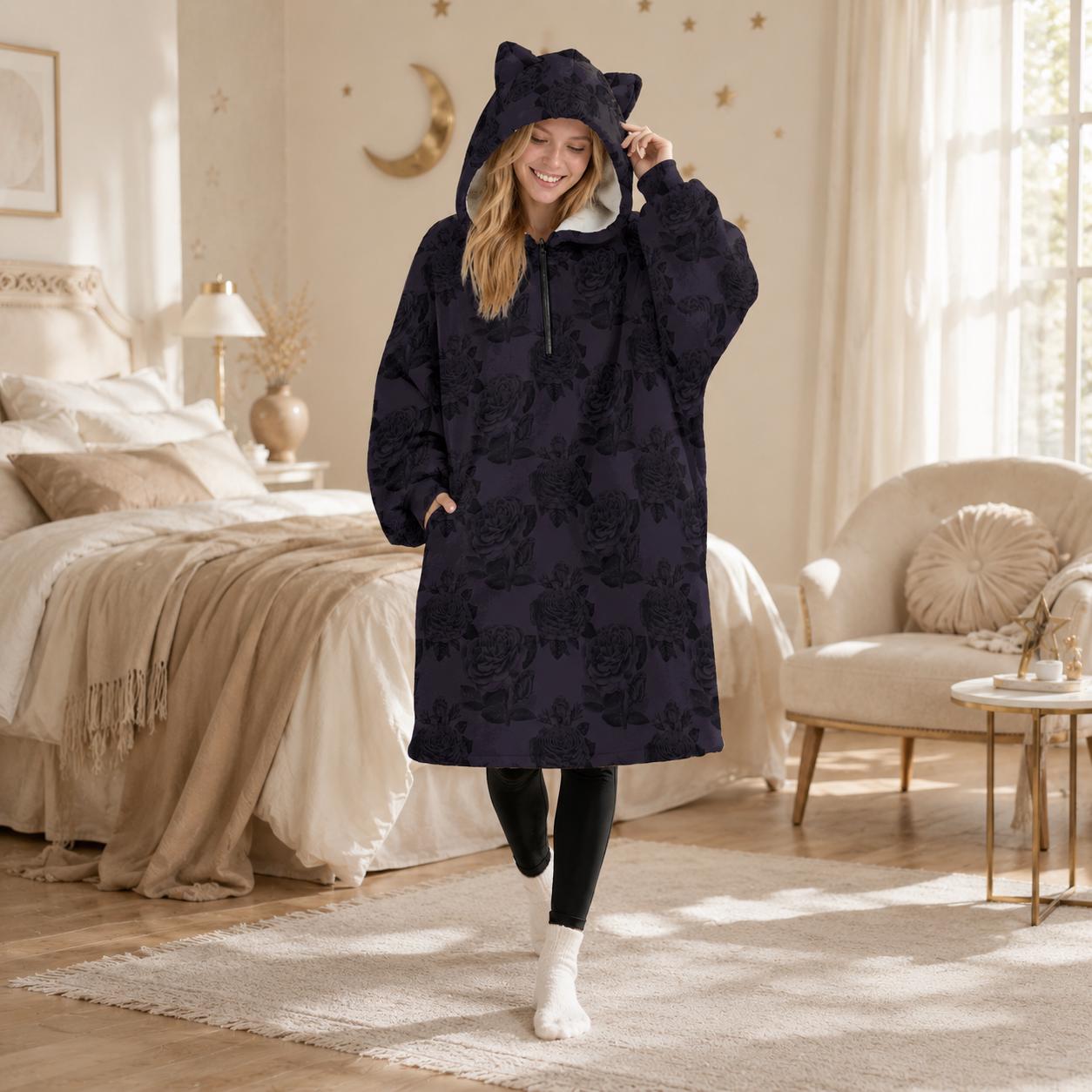 Purple Rose Gothic Hoodie Blanket with Cat Ear Hood, Oversized Fleece Cozy Wear, Dark Floral Fashion
