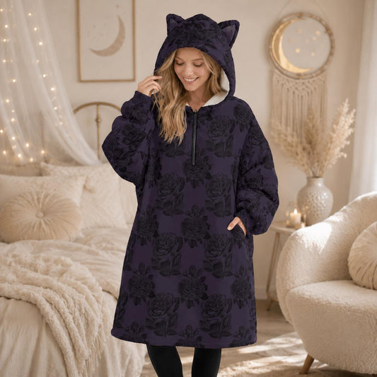 Purple Rose Gothic Hoodie Blanket with Cat Ear Hood, Oversized Fleece Cozy Wear, Dark Floral Fashion