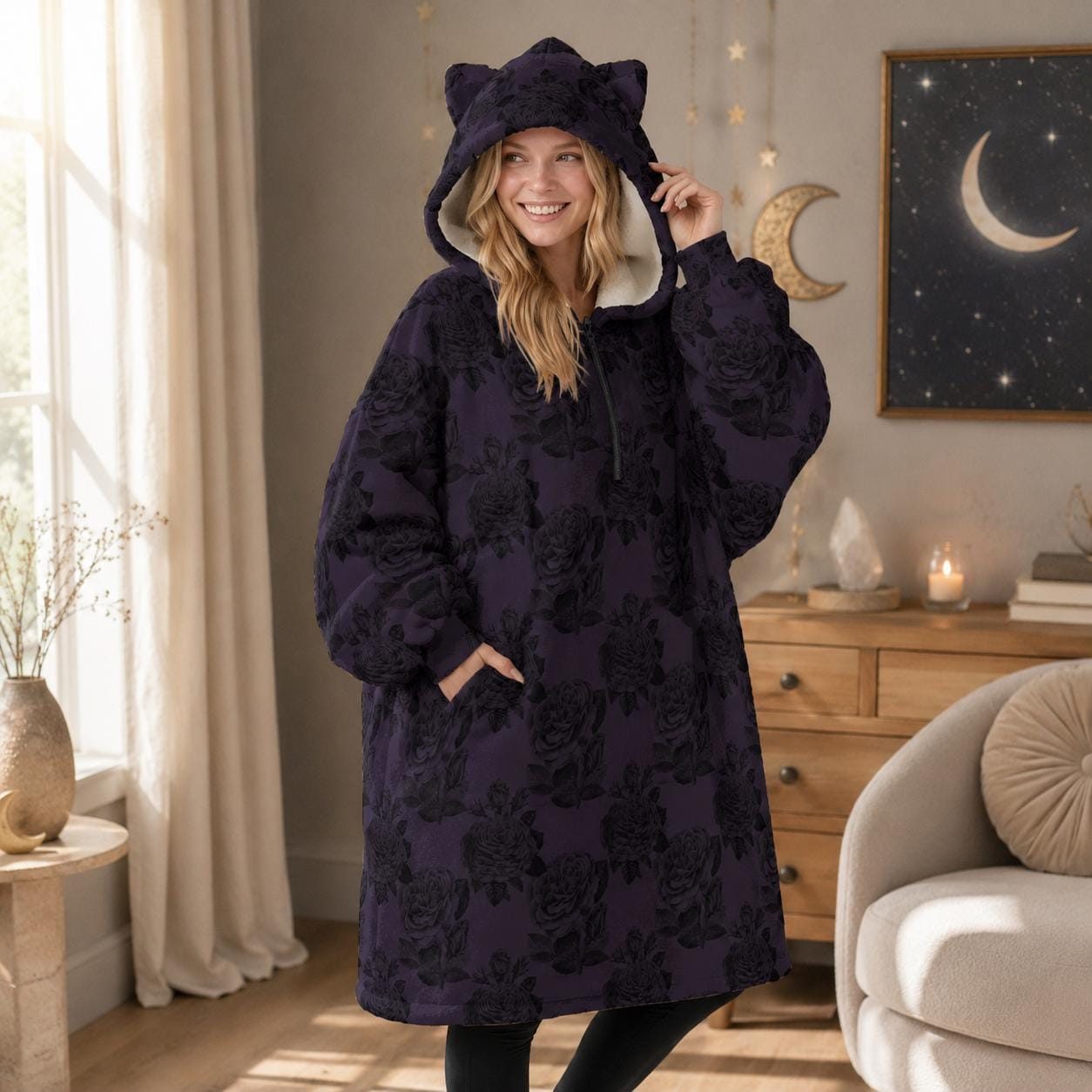 Purple Rose Gothic Hoodie Blanket with Cat Ear Hood, Oversized Fleece Cozy Wear, Dark Floral Fashion