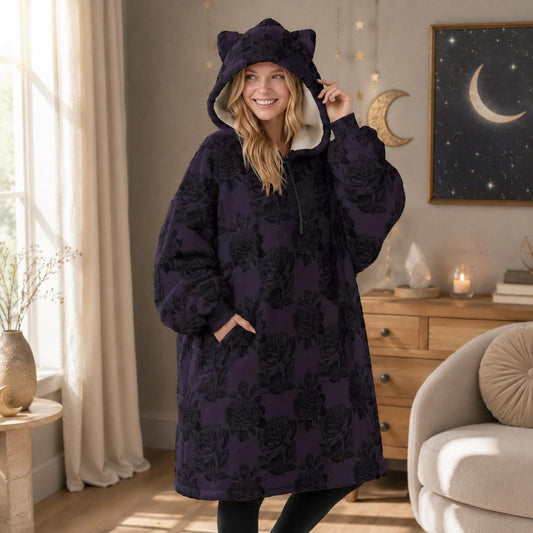 Purple Rose Gothic Hoodie Blanket with Cat Ear Hood, Oversized Fleece Cozy Wear, Dark Floral Fashion