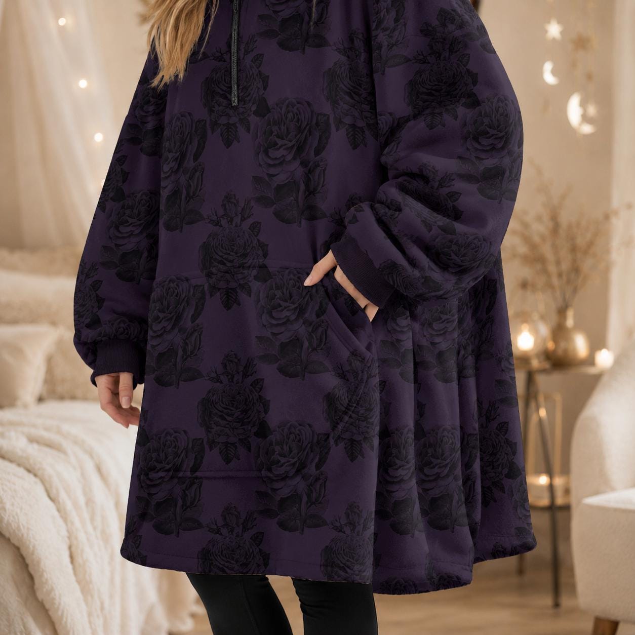 Purple Rose Gothic Hoodie Blanket with Cat Ear Hood, Oversized Fleece Cozy Wear, Dark Floral Fashion