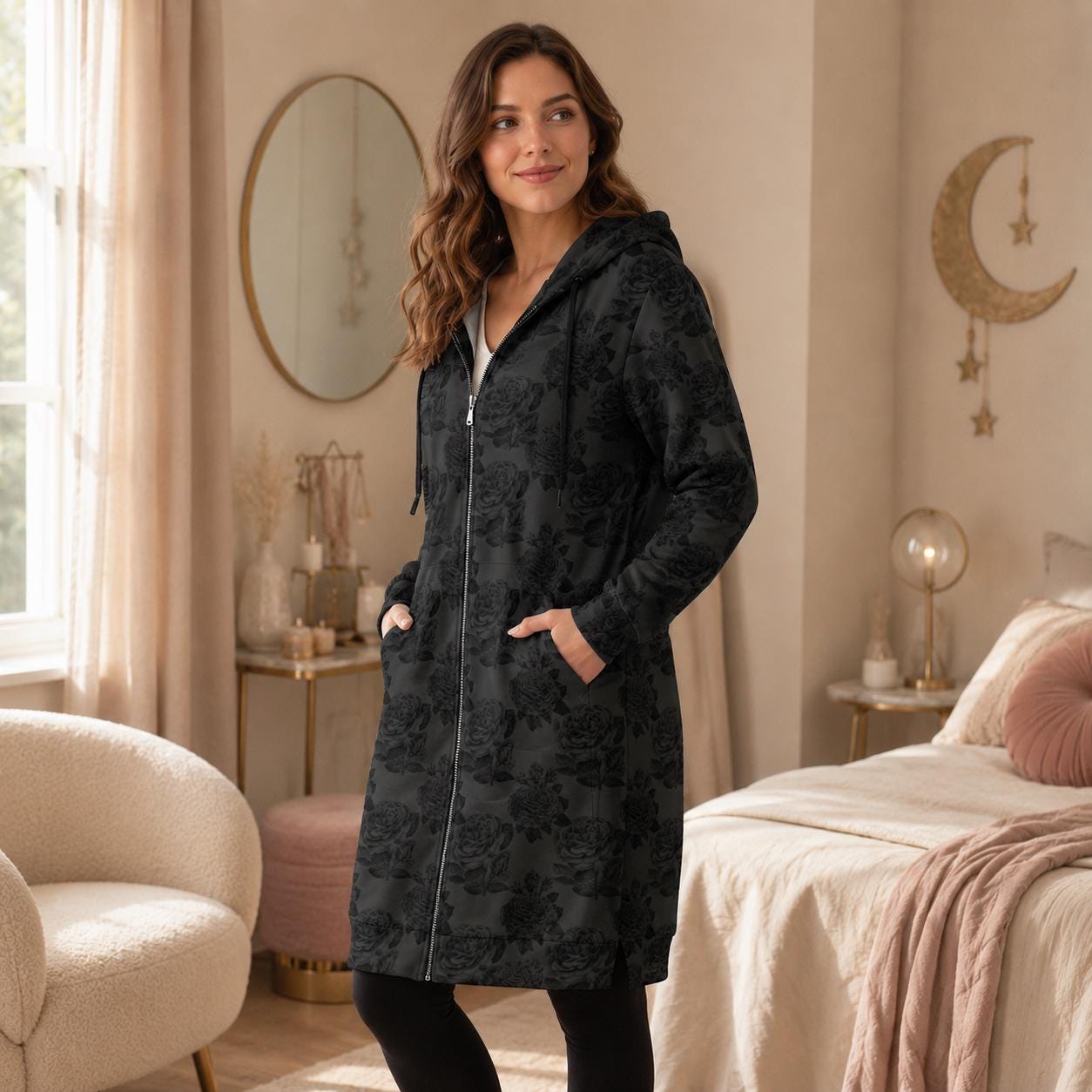 Black Rose Long Hooded Jacket, Dark Floral Zip Coat