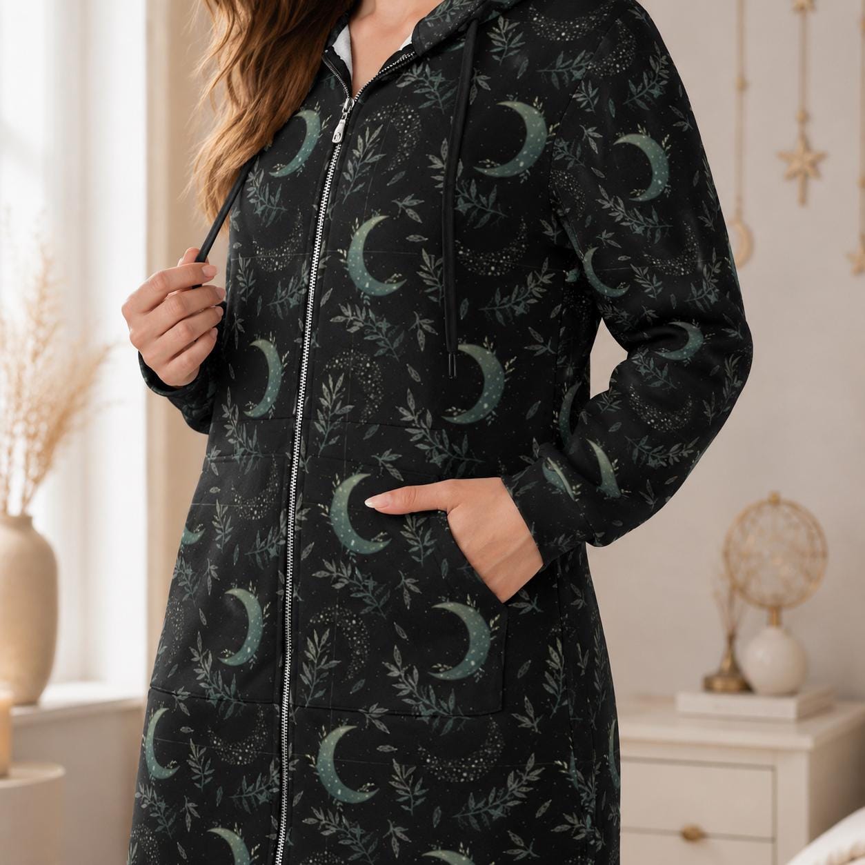 Moon and Stars Hooded Gothic Duster Cardigan with Celestial Print