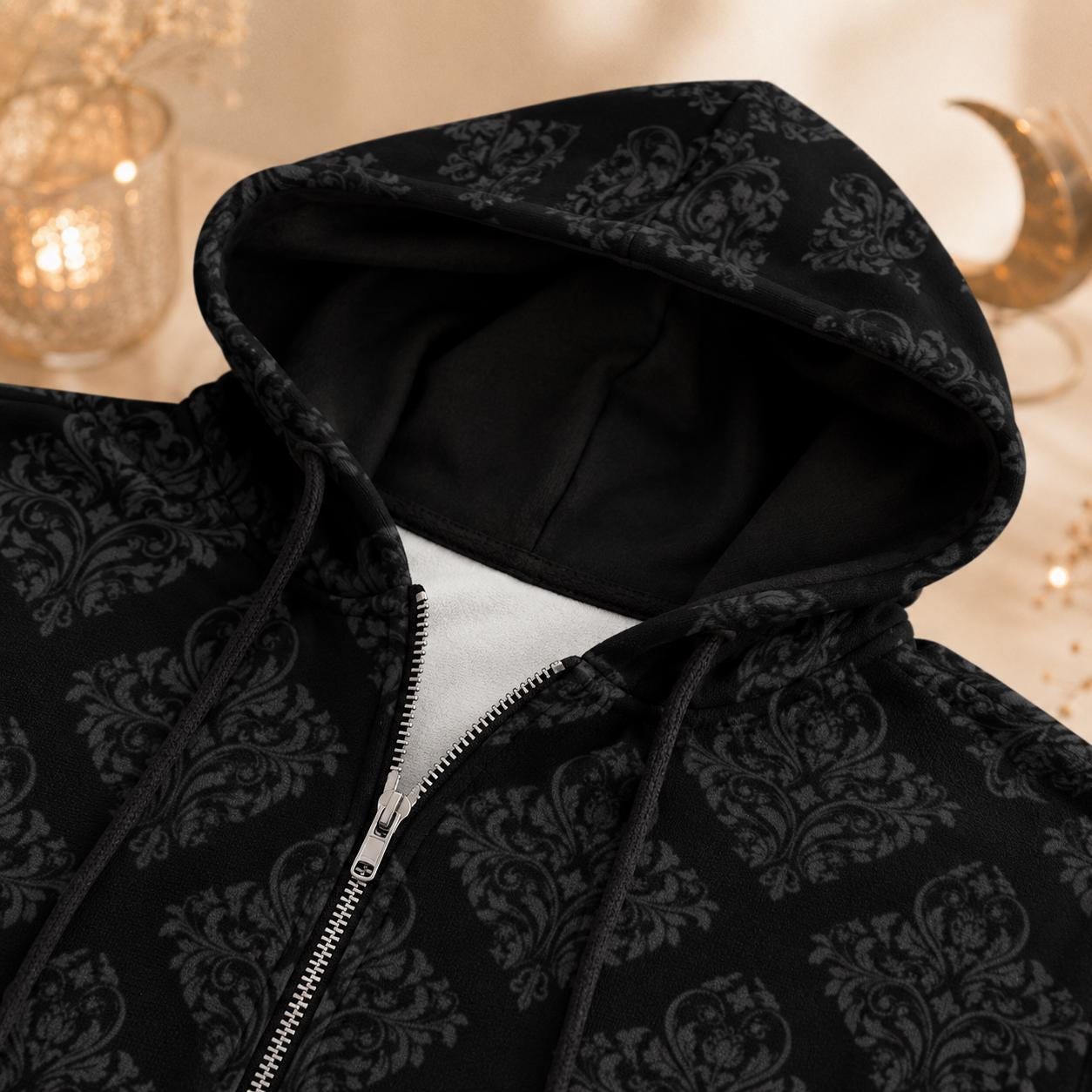 Damask Hooded Cardigan Black Baroque Longline Duster Coat for Women