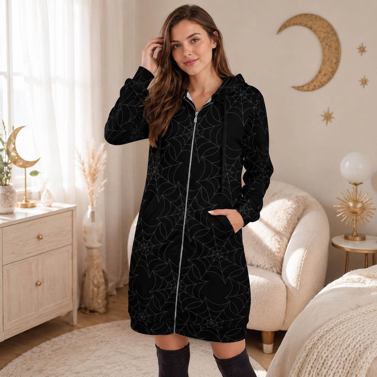 Black Spiderweb Hooded Duster, Gothic Long Cardigan, Halloween Layering Coat, Witchy Zip Robe