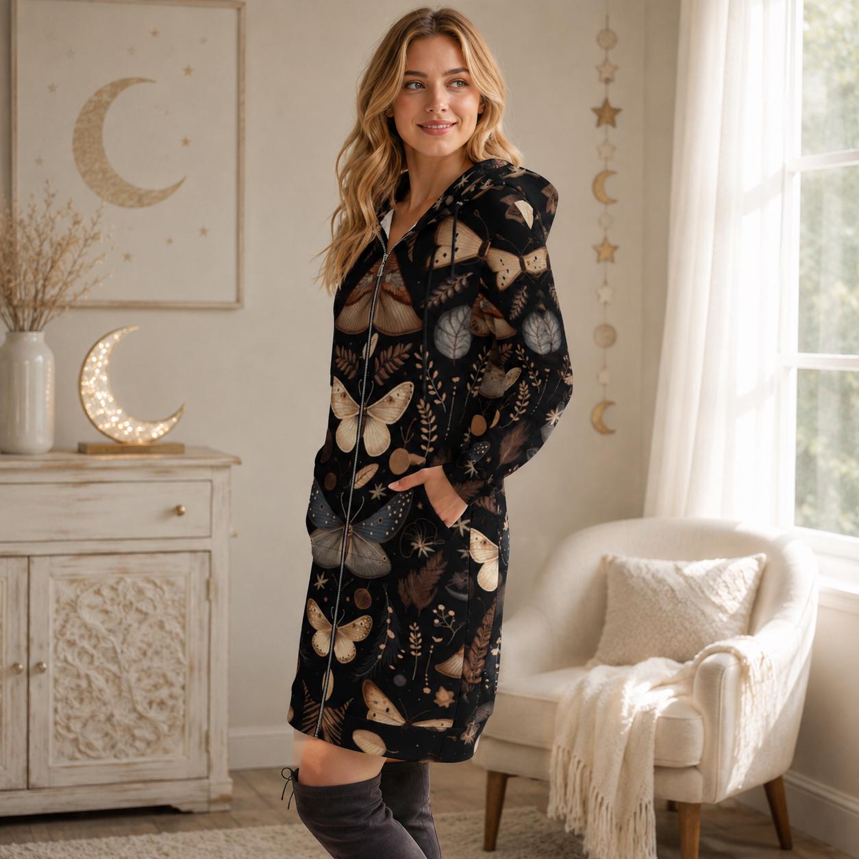 Moth Print Long Hooded Jacket, Woodland Gothic Outerwear, Fall Layering Coat, Nature-Inspired Zip Coat