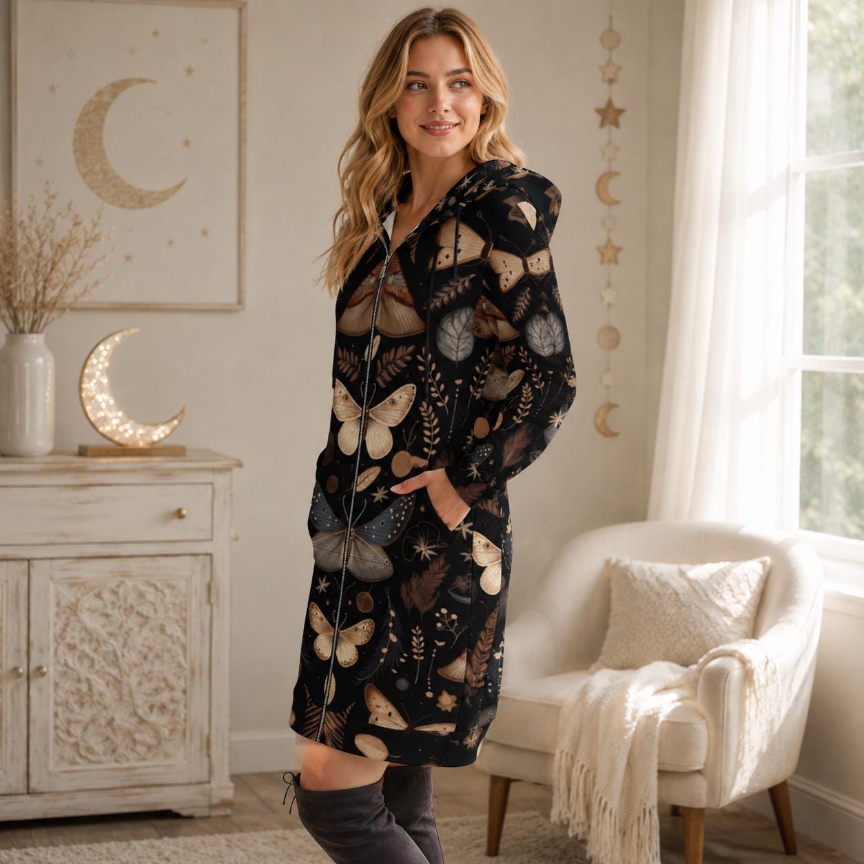 Moth Print Long Hooded Jacket, Woodland Gothic Outerwear, Fall Layering Coat