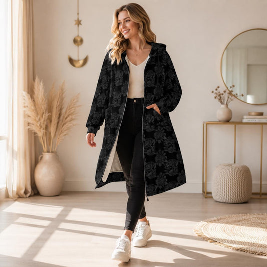 Black Rose Hooded Cardigan Goth Zip Duster Long Floral Jacket for Women