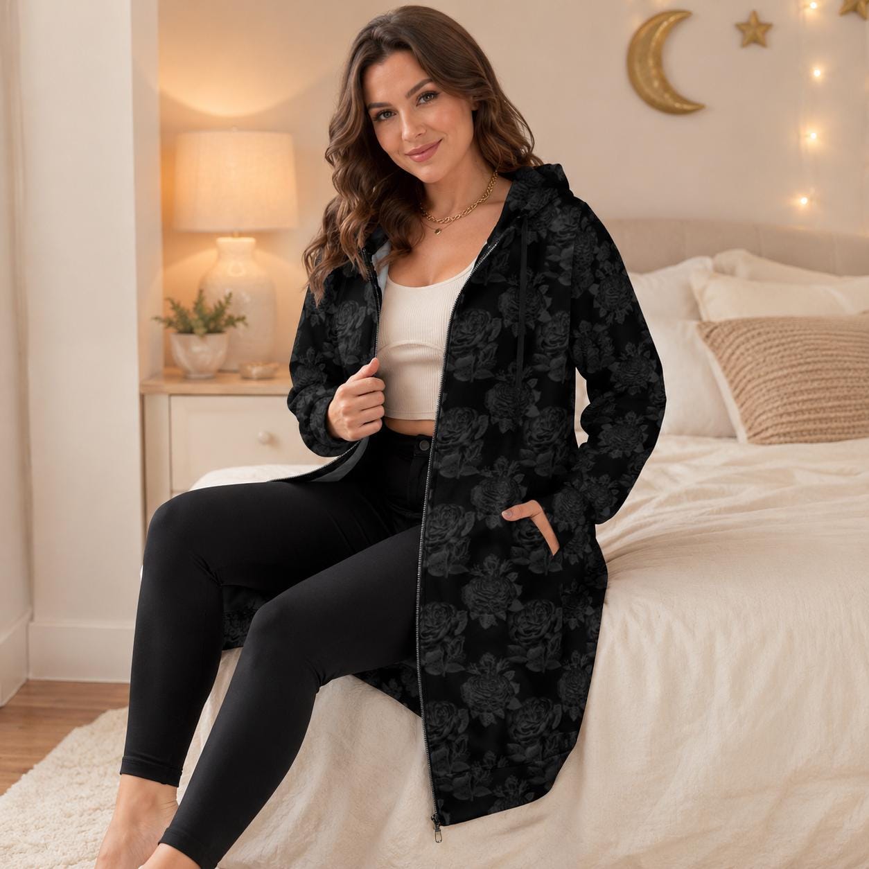Black Rose Hooded Cardigan Goth Zip Duster Long Floral Jacket for Women