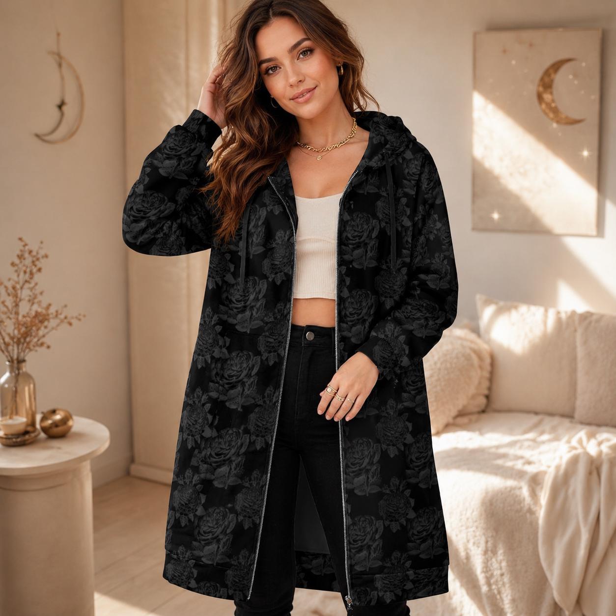 Black Rose Hooded Cardigan Goth Zip Duster Long Floral Jacket for Women
