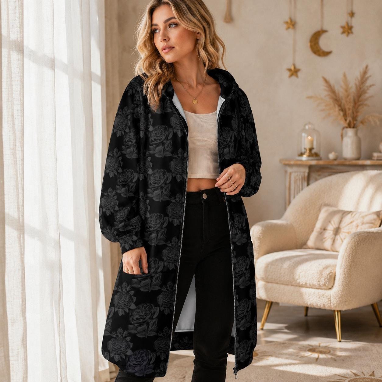 Black Rose Hooded Cardigan Goth Zip Duster Long Floral Jacket for Women