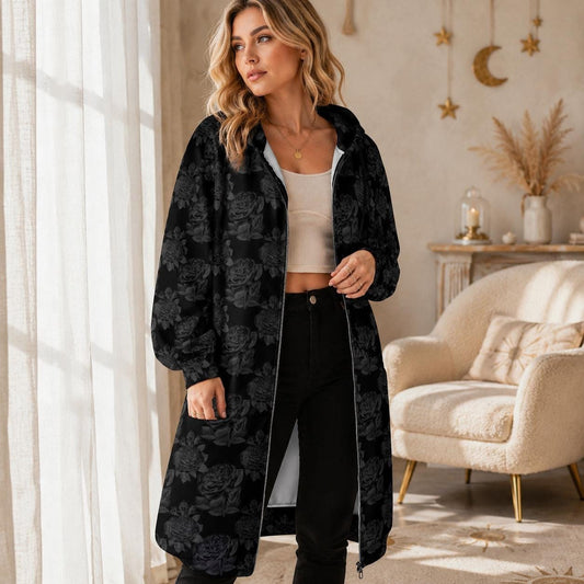 Black Rose Hooded Cardigan Goth Zip Duster Long Floral Jacket for Women