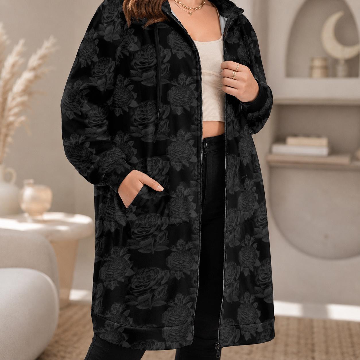 Black Rose Hooded Cardigan Goth Zip Duster Long Floral Jacket for Women