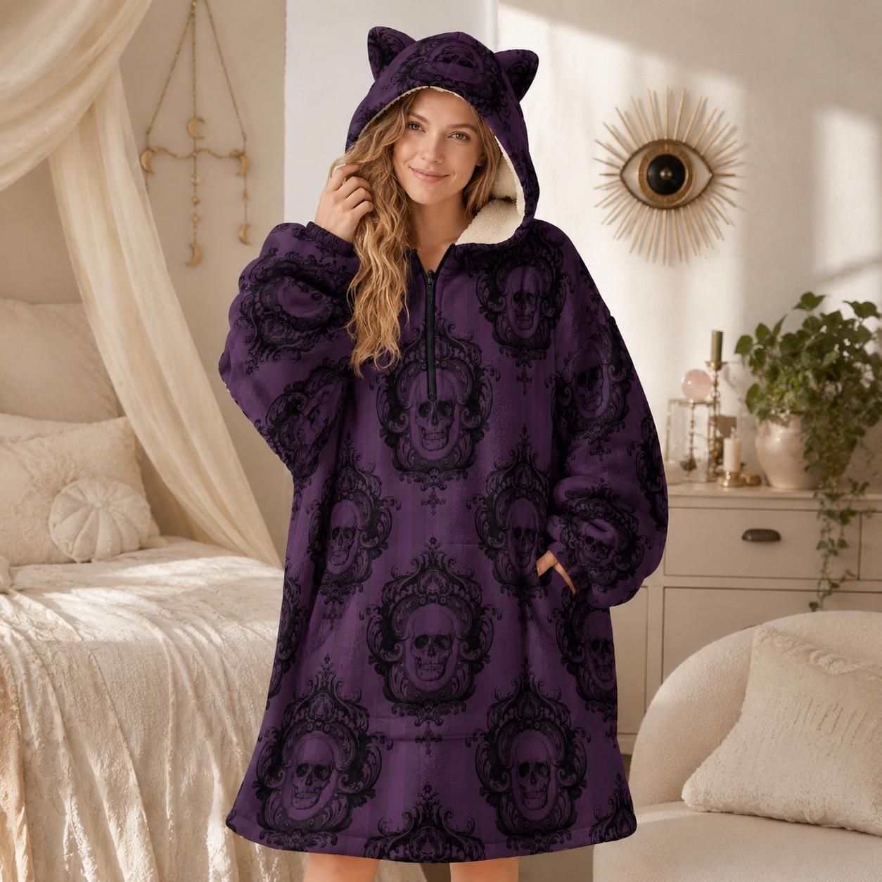 Purple Gothic Damask Hooded Blanket, Oversized Fleece Hoodie with Cat Ears, Spooky Lounge Wear