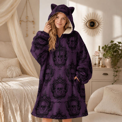 Purple Gothic Damask Hooded Blanket, Oversized Fleece Hoodie with Cat Ears, Spooky Lounge Wear