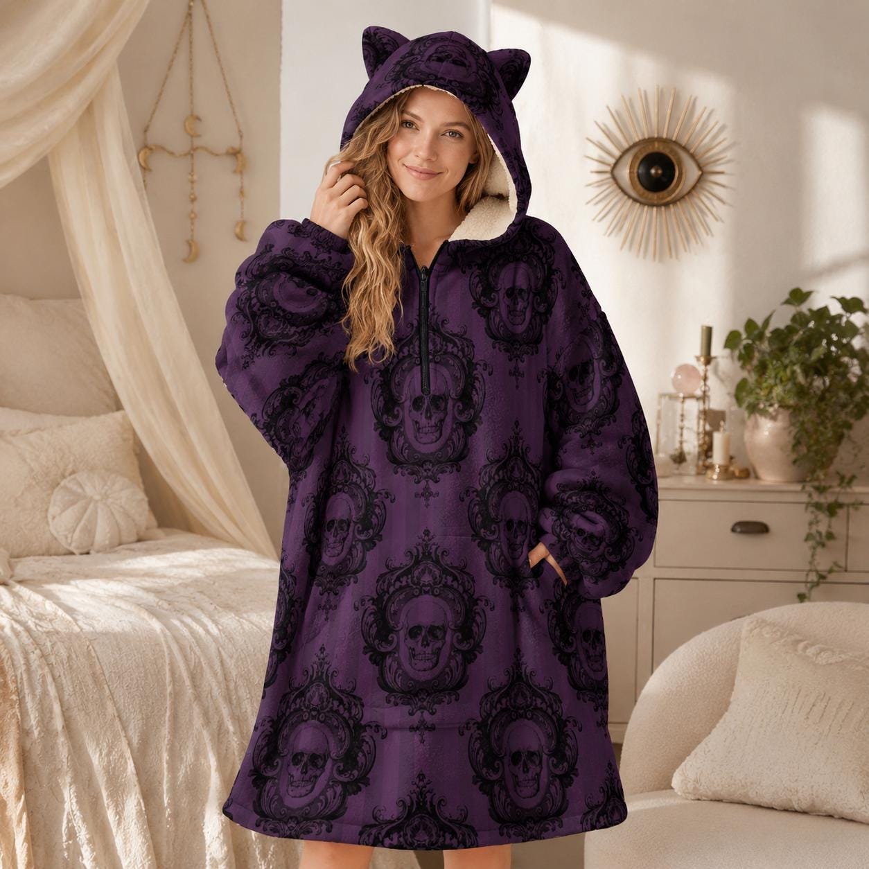 Purple Gothic Damask Hooded Blanket, Oversized Fleece Hoodie with Cat Ears, Spooky Lounge Wear