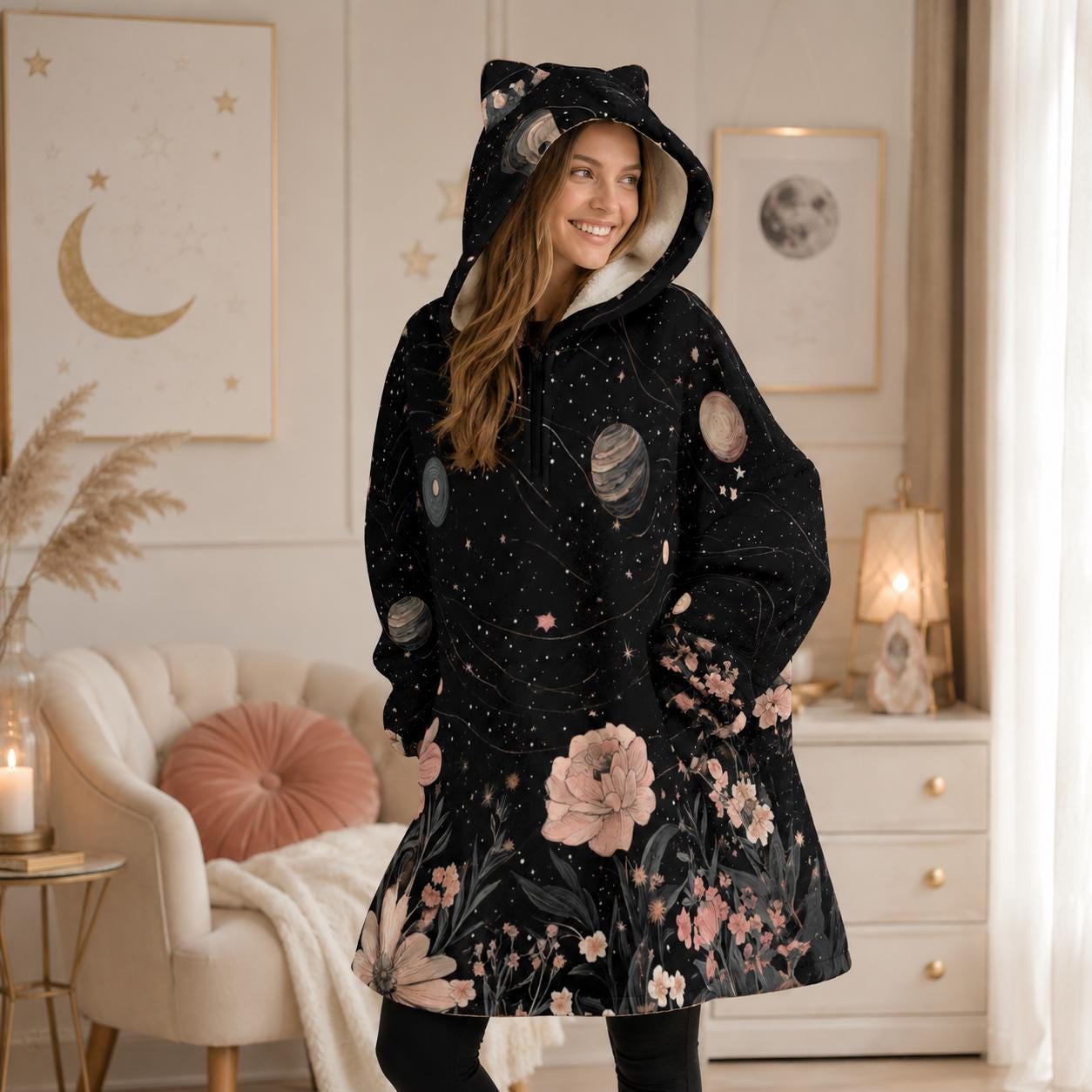 Galaxy Floral Cat Ear Hooded Blanket, Spacecore Wearable Throw, Cozy Celestial Loungewear