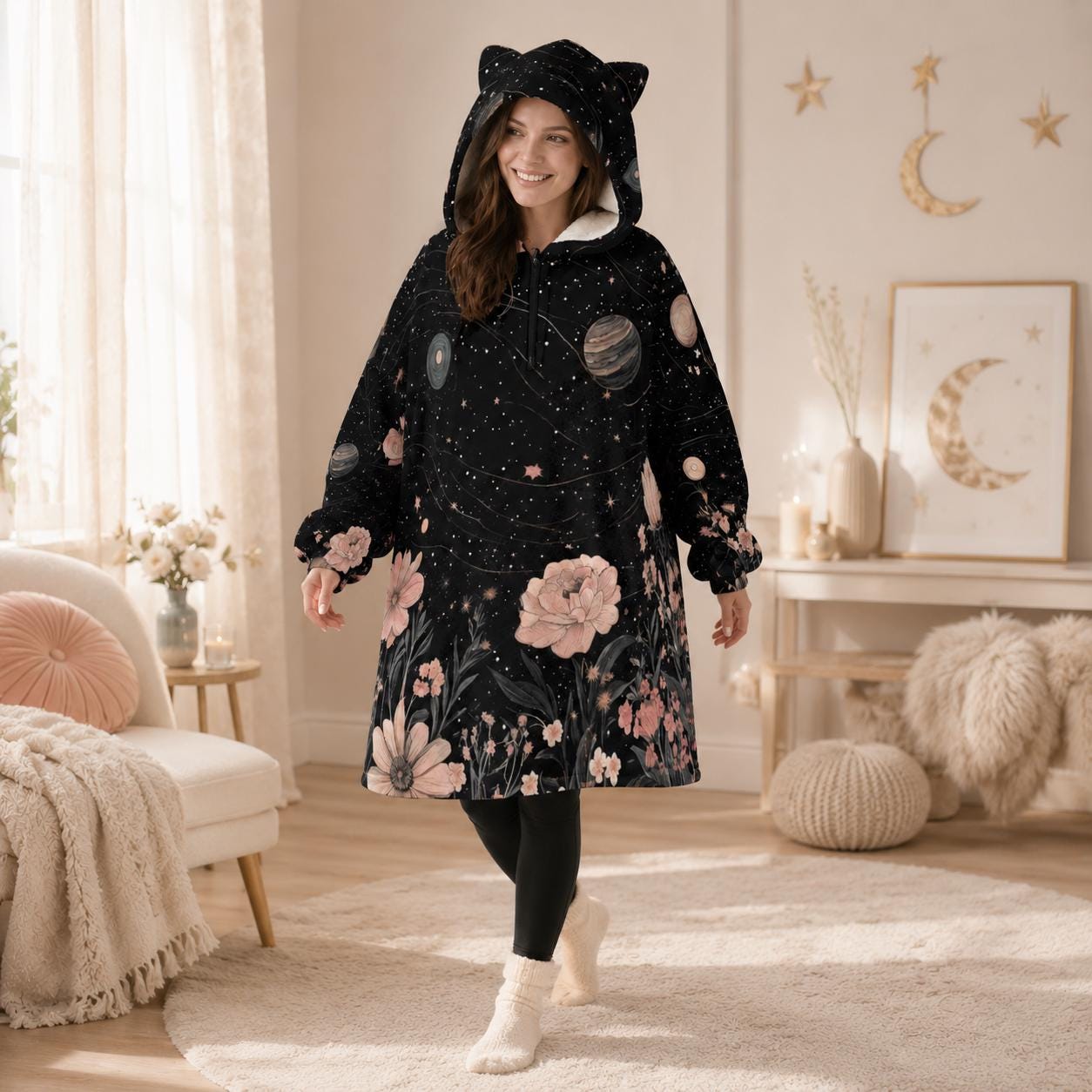 Galaxy Floral Cat Ear Hooded Blanket, Spacecore Wearable Throw, Cozy Celestial Loungewear