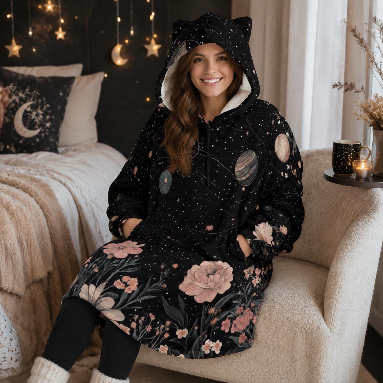 Galaxy Floral Cat Ear Hooded Blanket, Spacecore Wearable Throw, Cozy Celestial Loungewear