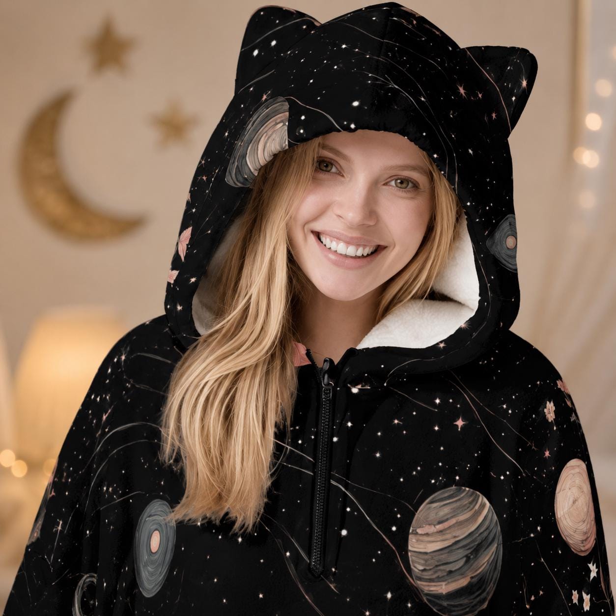 Galaxy Floral Cat Ear Hooded Blanket, Spacecore Wearable Throw, Cozy Celestial Loungewear