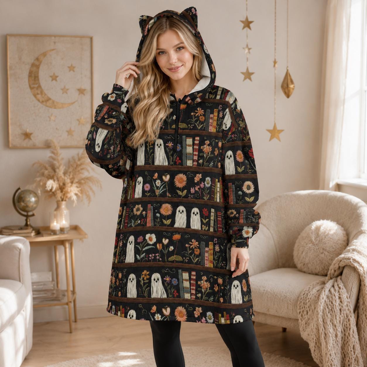 Ghost Bookshelf Hooded Blanket, Spooky Floral Cozy Reading Hoodie