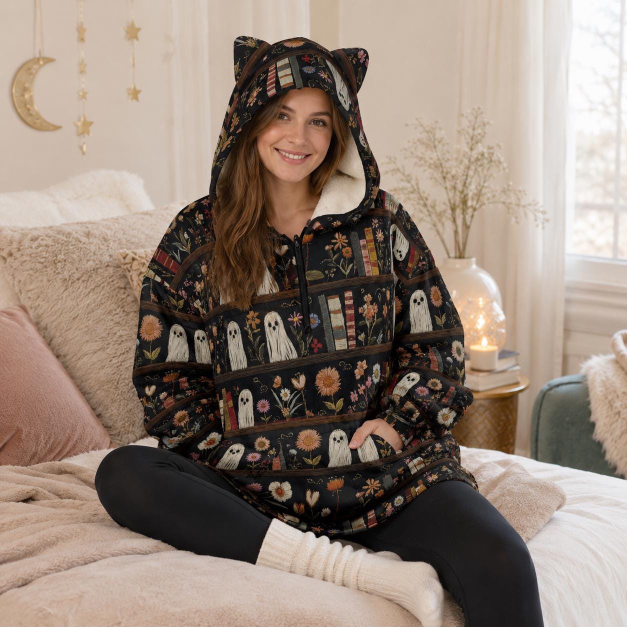 Ghost Bookshelf Hooded Blanket, Spooky Floral Cozy Reading Hoodie