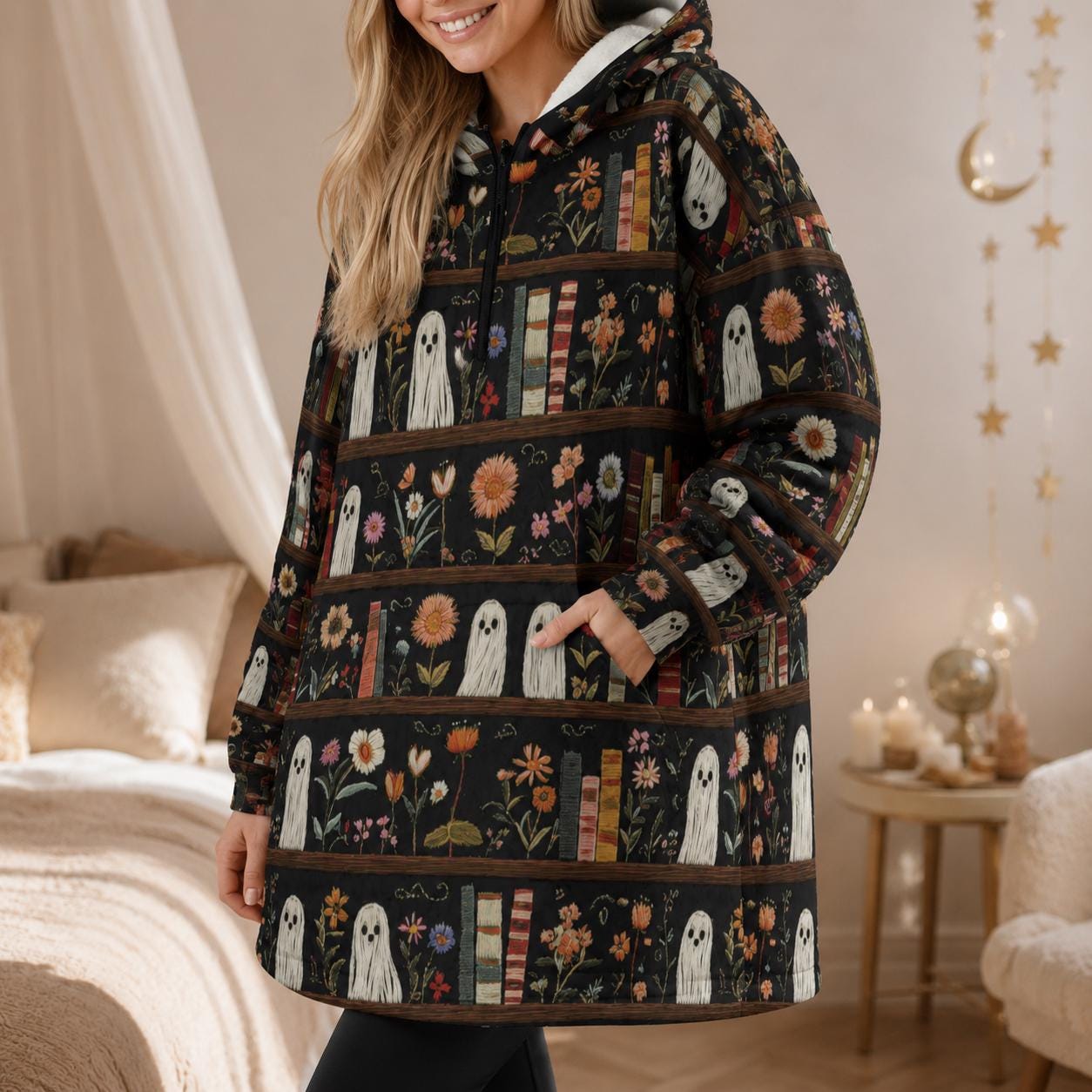 Ghost Bookshelf Hooded Blanket, Spooky Floral Cozy Reading Hoodie